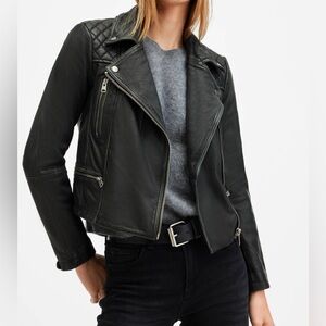 AllSaints Cargo Distressed Leather Biker Jacket in Black Size 4 New